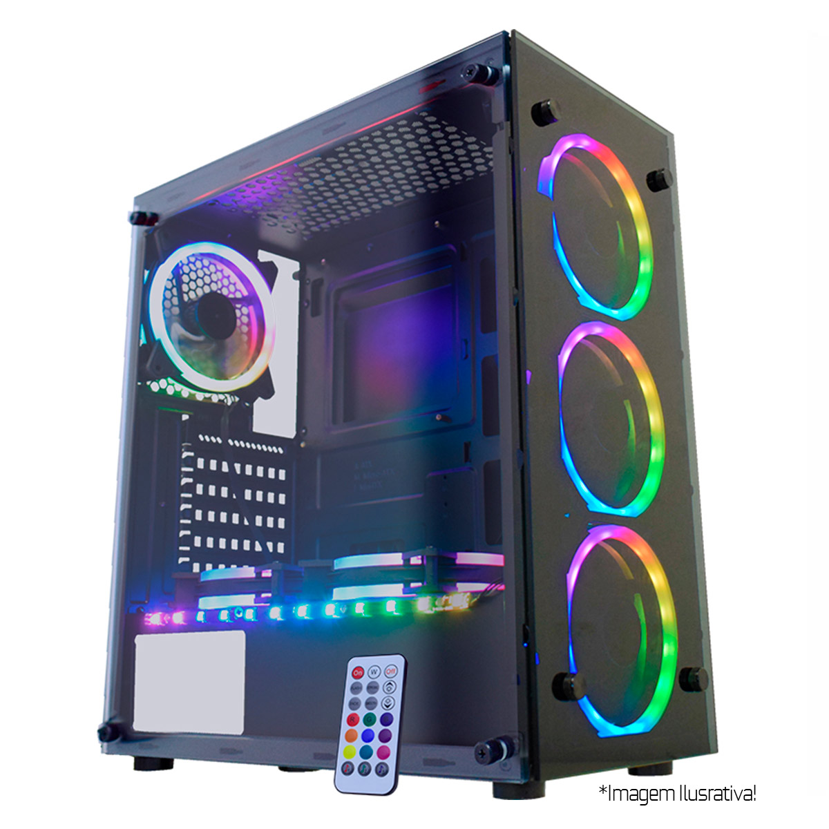 Gabinete Gamer K-Mex Atlantis ll - Painel Frontal e Lateral em Vidro Temperado - com Coolers e Fita LED RGB Rainbow - Controle Remoto - CG-02N9