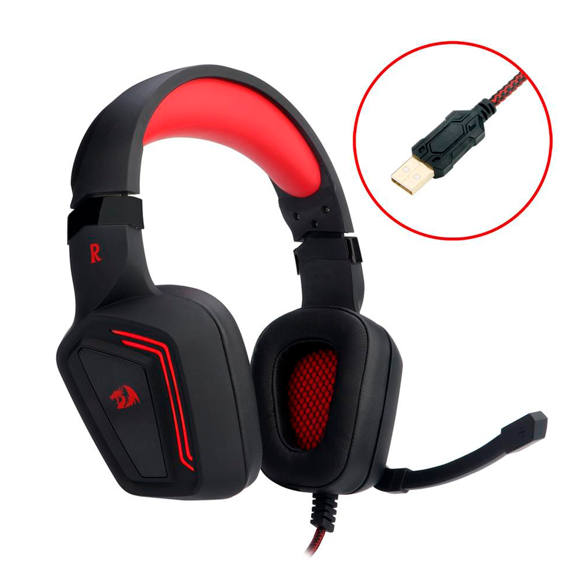 Headset Gamer Redragon Muses 7.1 - LED Vermelho - Driver de Vibração - Controle de volume no Fone - Conector USB - H310