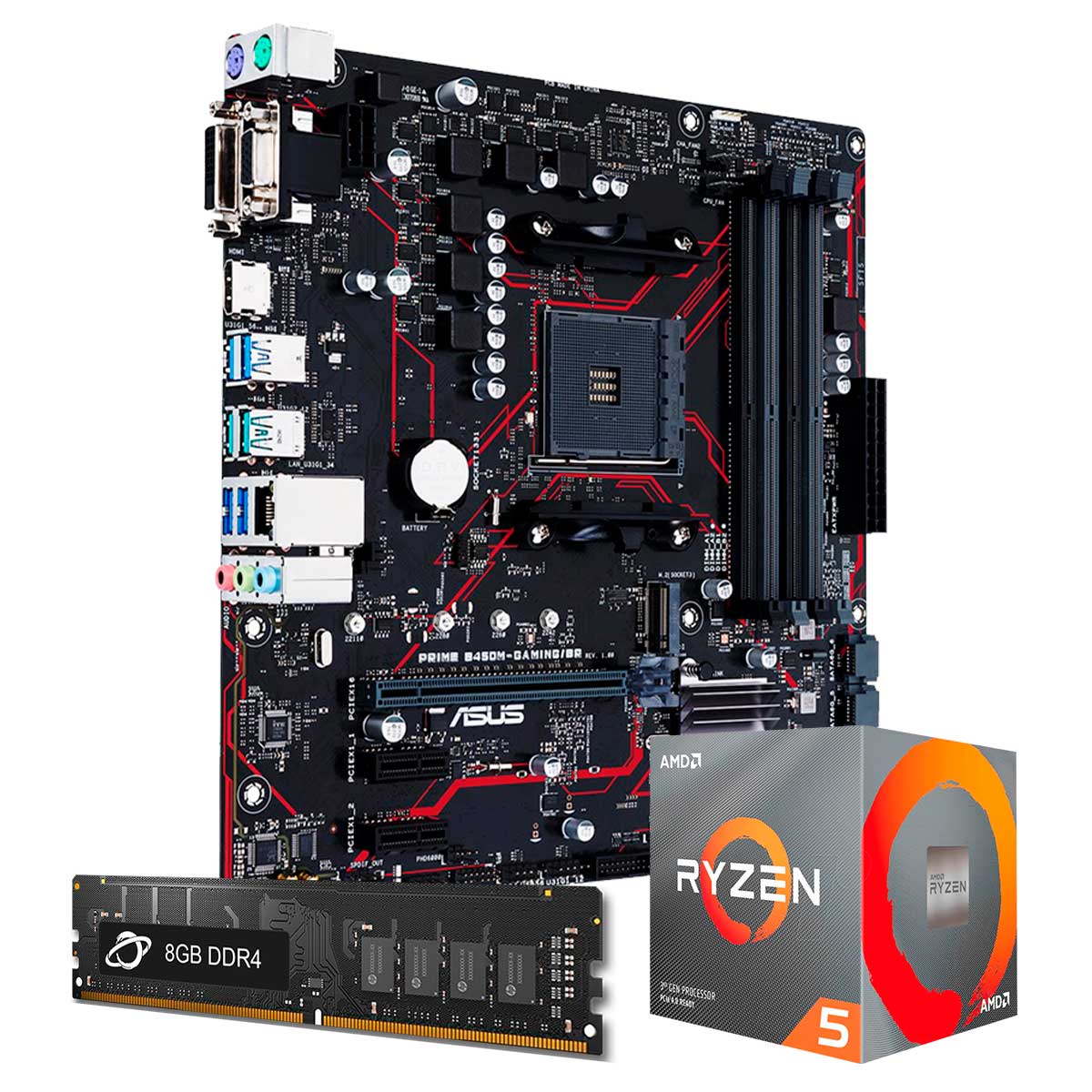 Kit Upgrade Processador AMD Ryzen™ 5 3600 + Placa Mãe Asus PRIME B450M GAMING/BR + Memória 8GB DDR4