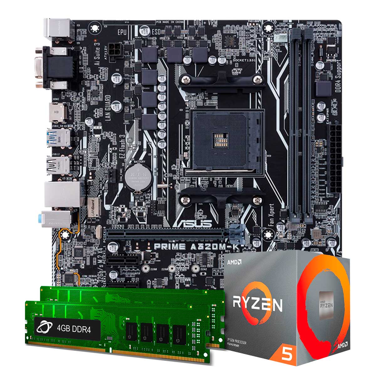 Kit Upgrade Processador AMD Ryzen™ 5 3600 + Placa Mãe Asus PRIME A320M-K/BR + Memória 8GB DDR4