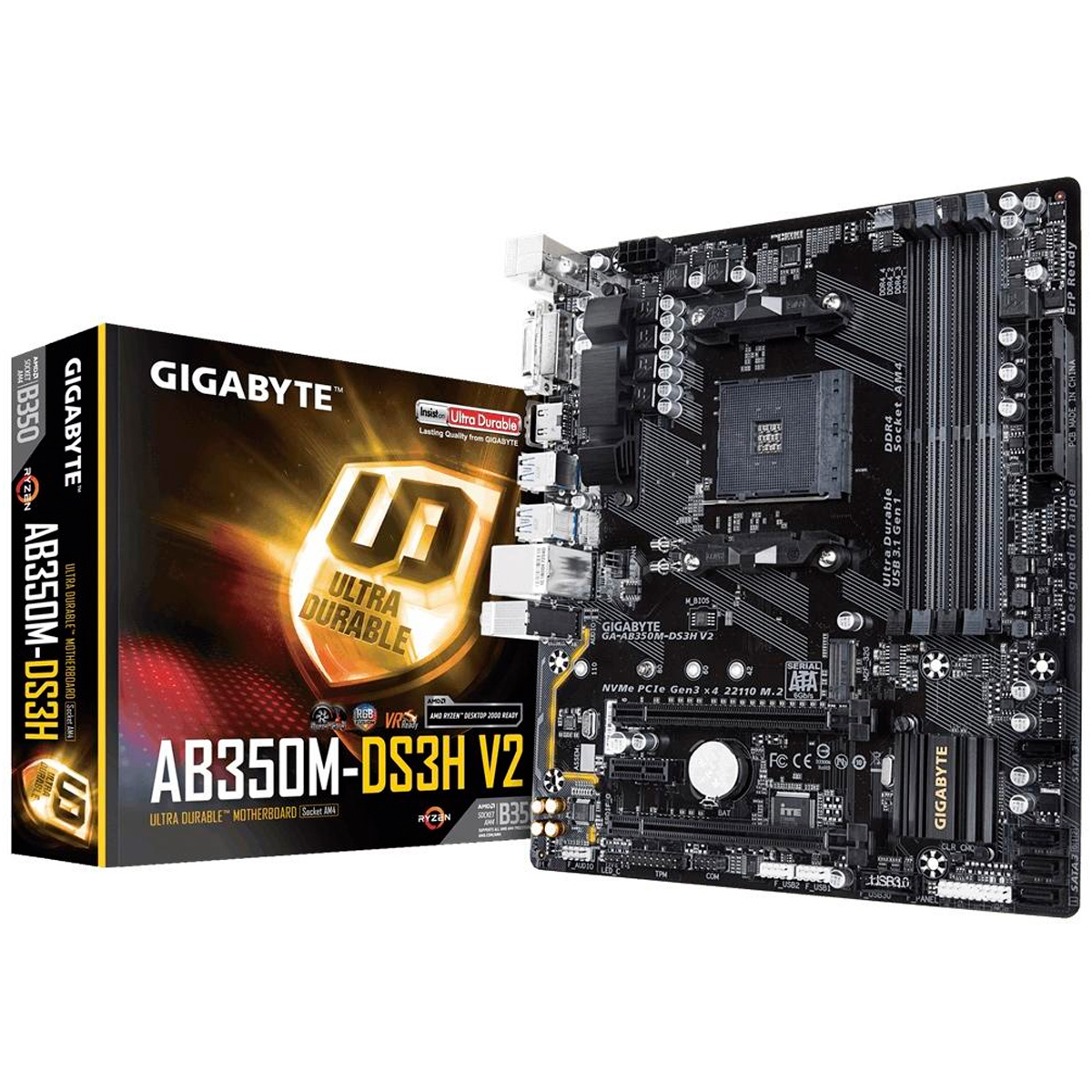 Placa Mãe Gigabyte GA-AB350M-DS3H (AM4 - DDR4 3200 O.C.) - Chipset AMD B350 - Slot M2 - USB 3.1 - Micro ATX
