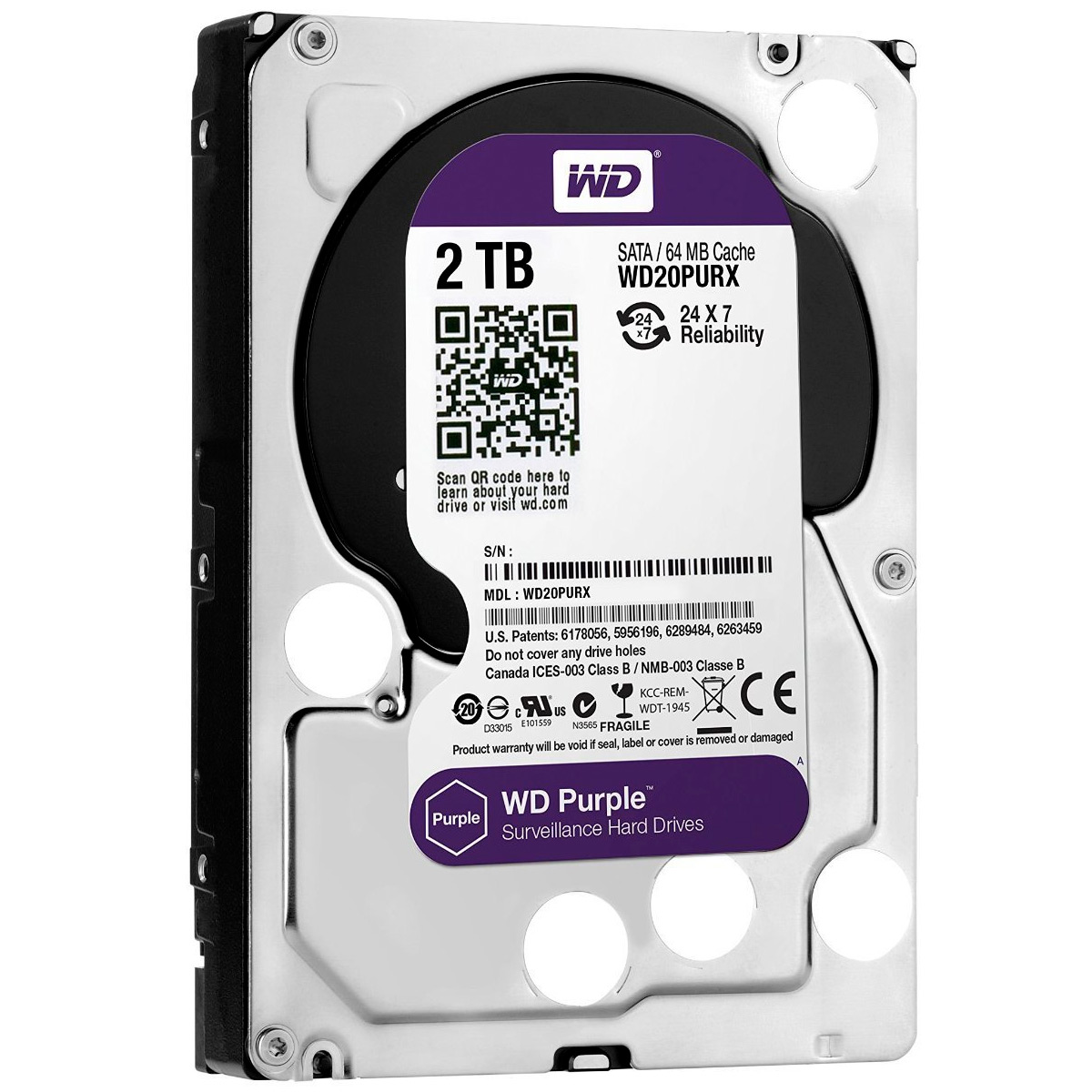 HD 2TB SATA - 7200RPM - 64MB Cache - Western Digital Purple Surveillance - WD20PURX - Ideal para CFTV