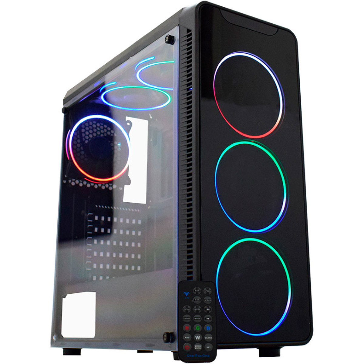 Gabinete Gamer K-Mex Infinity Streamer - Painel Frontal em Vidro Fumê Temperado - Janela Lateral de Acrílico - com Coolers e LED ARGB - Controle Remoto - CG-07G8