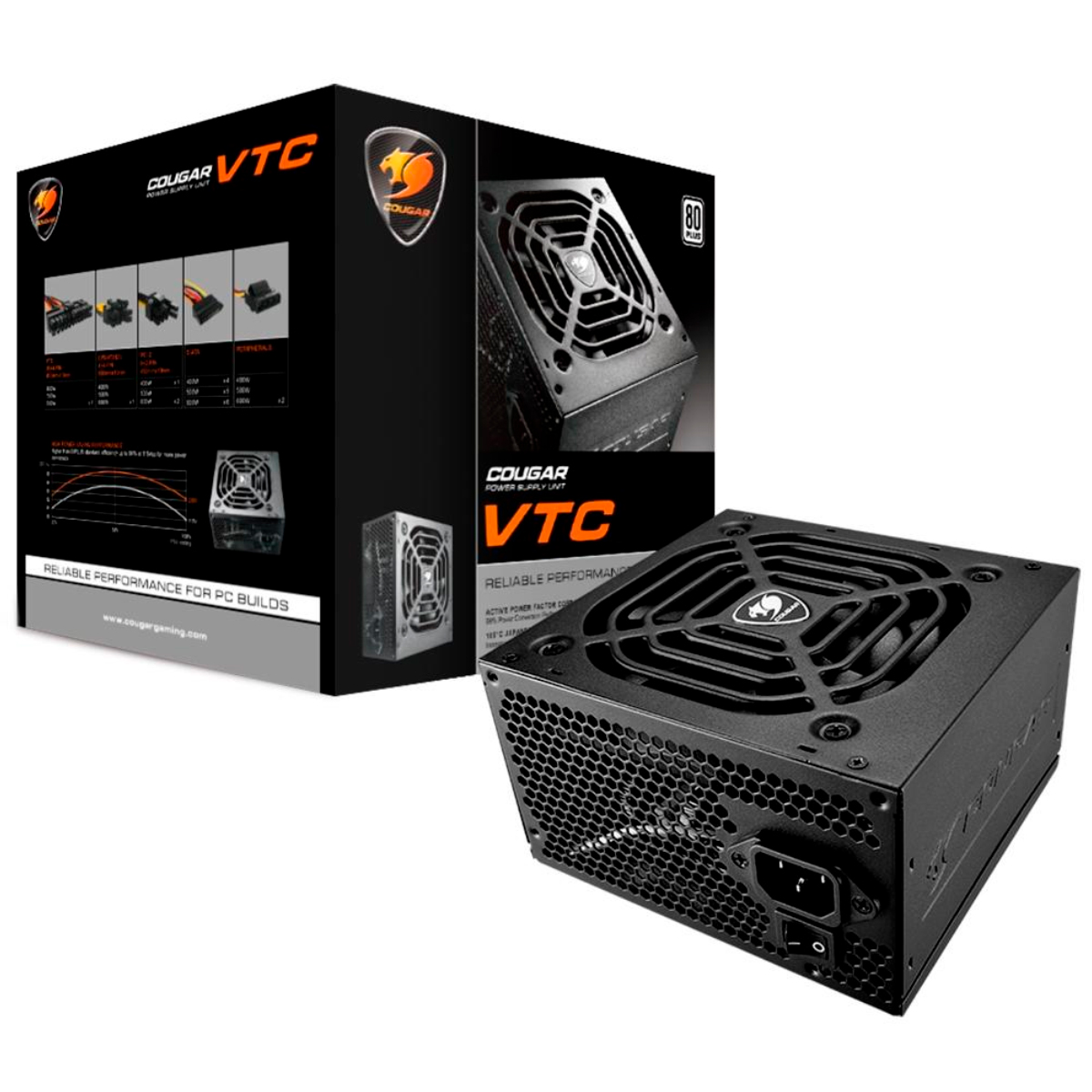 Fonte 500W Cougar VTC500 - PFC Ativo - Eficiência 84% - 80 PLUS® White - VTC500