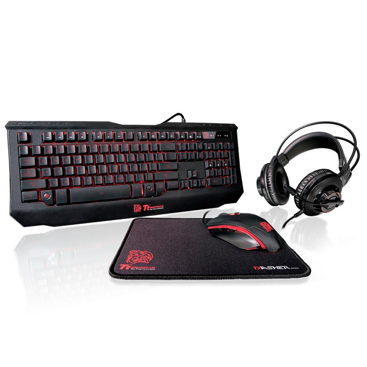 Kit Teclado + Mouse + Headset + Mousepad Thermaltake - Preto - Teclas Multimídia - com Iluminação LED - 2400dpi - KB-GCK-PLBLPB-01