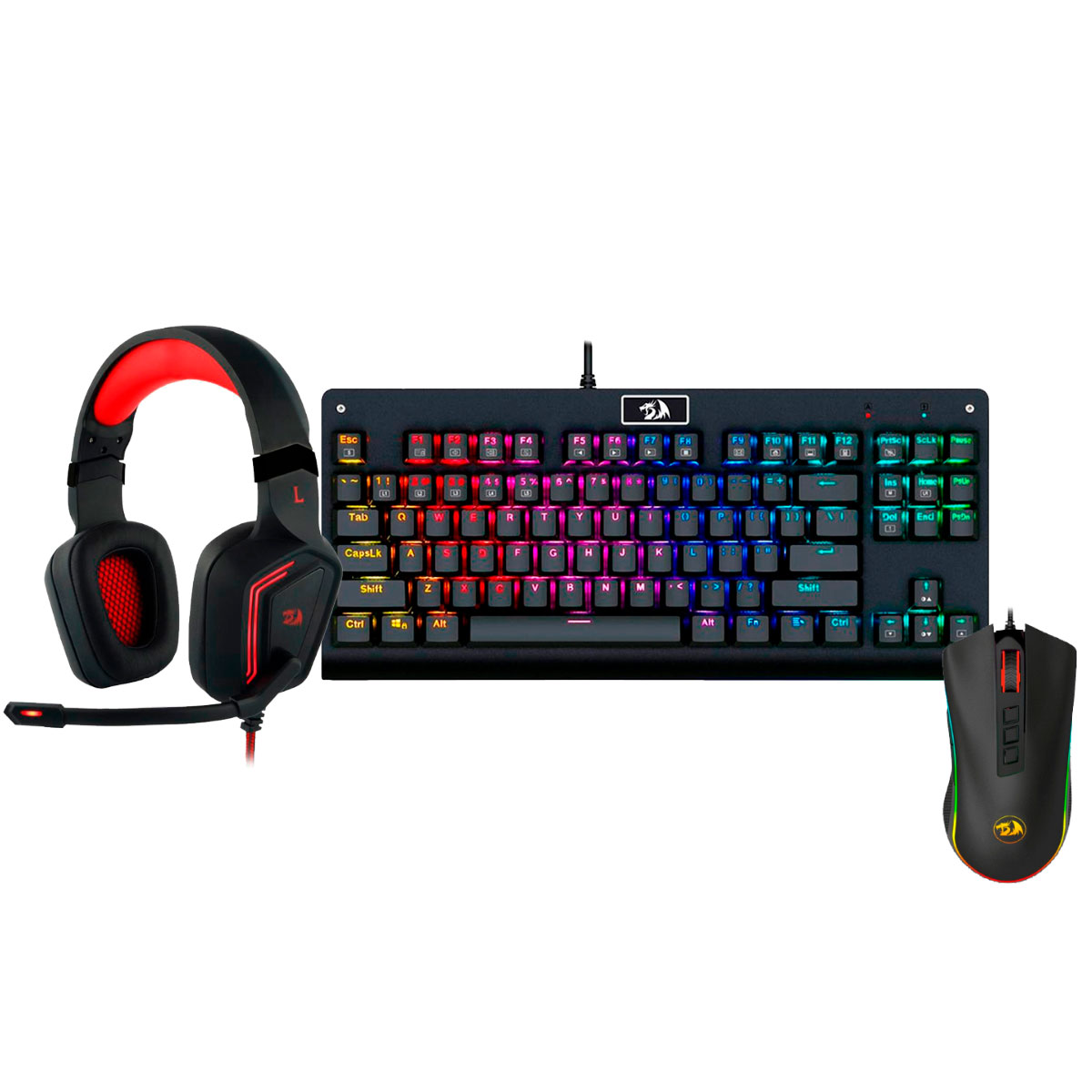 Kit Gamer Redragon - Teclado Mecânico Dark Avenger RGB + Mouse Cobra Chroma + Headset Muses 7.1