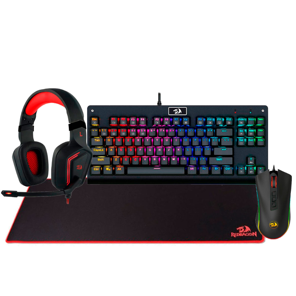 Kit Gamer Redragon - Teclado Mecânico Dark Avenger RGB + Mouse Cobra Chroma + Headset Muses 7.1 + Mousepad Suzaku Extended