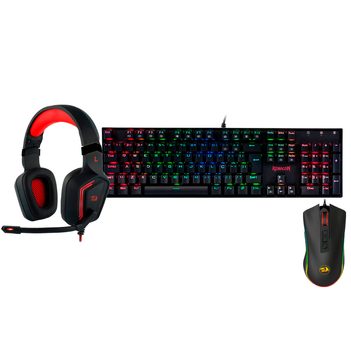 Kit Gamer Redragon - Teclado Mecânico Mitra RGB + Mouse Cobra Chroma + Headset Muses 7.1