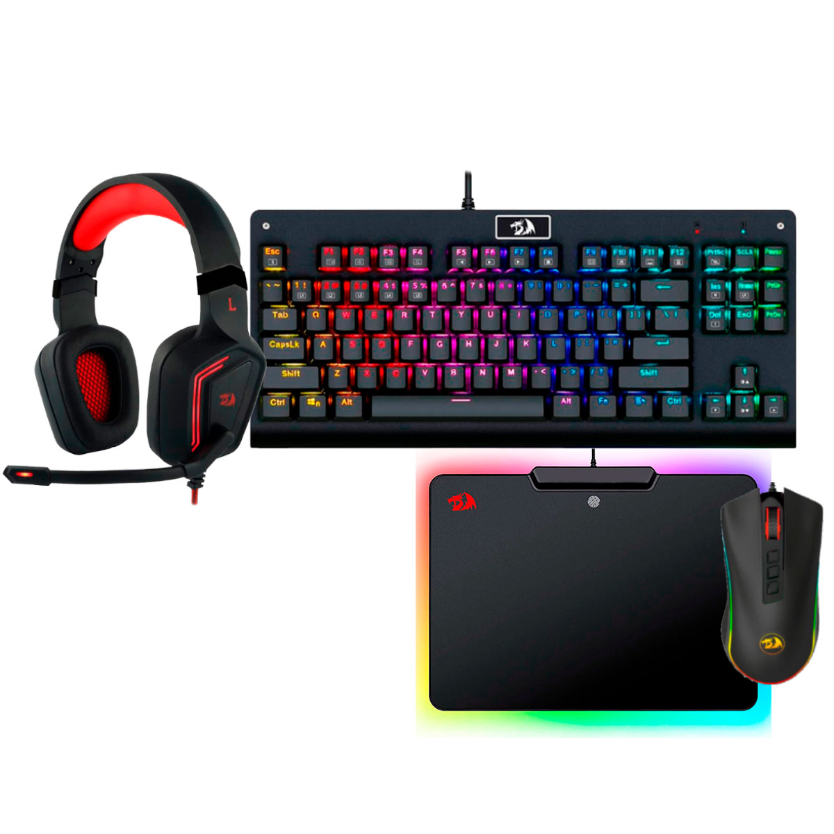 Kit Gamer Redragon - Teclado Mecânico Dark Avenger RGB + Mouse Cobra Chroma + Headset Muses 7.1 + Mousepad Epeius RGB