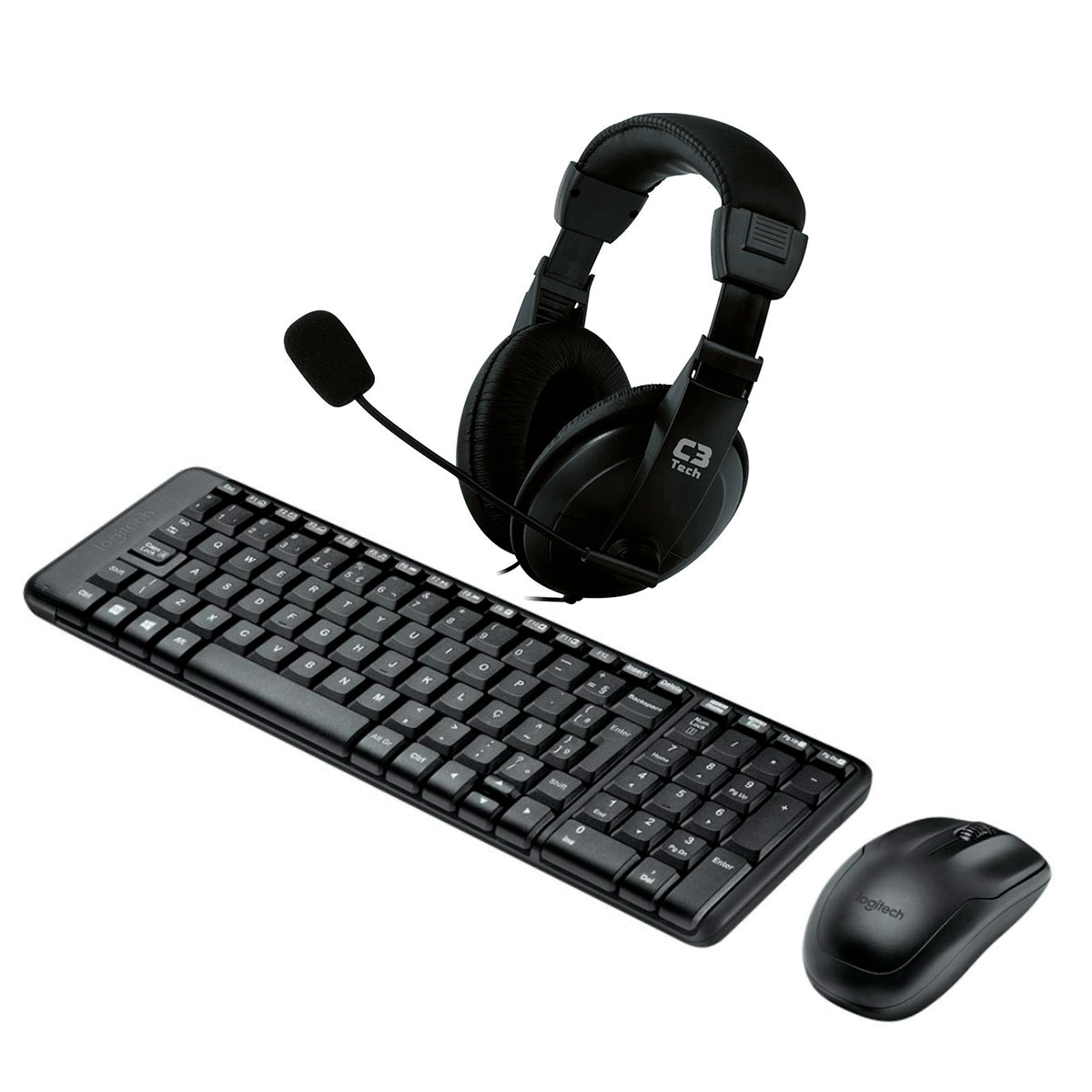 Kit Home Office Logitech sem Fio – Teclado e Mouse sem Fio MK220 + Headset C3Tech Voicer Comfort