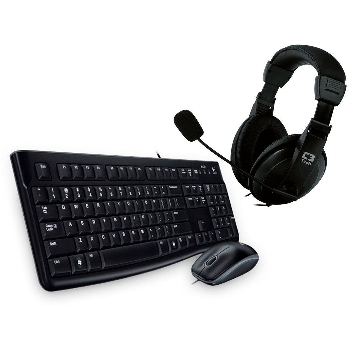 Kit Home Office Logitech – Teclado e Mouse MK120 + Headset C3Tech Voicer Comfort