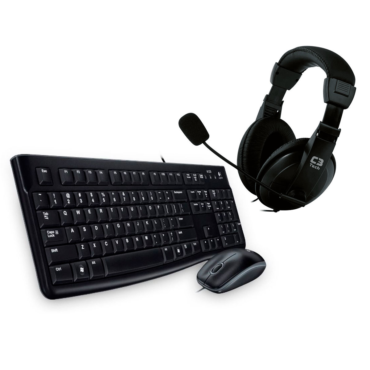 Kit Home Office Logitech – Teclado e Mouse MK120 + Headset C3 Tech Voicer Comfort