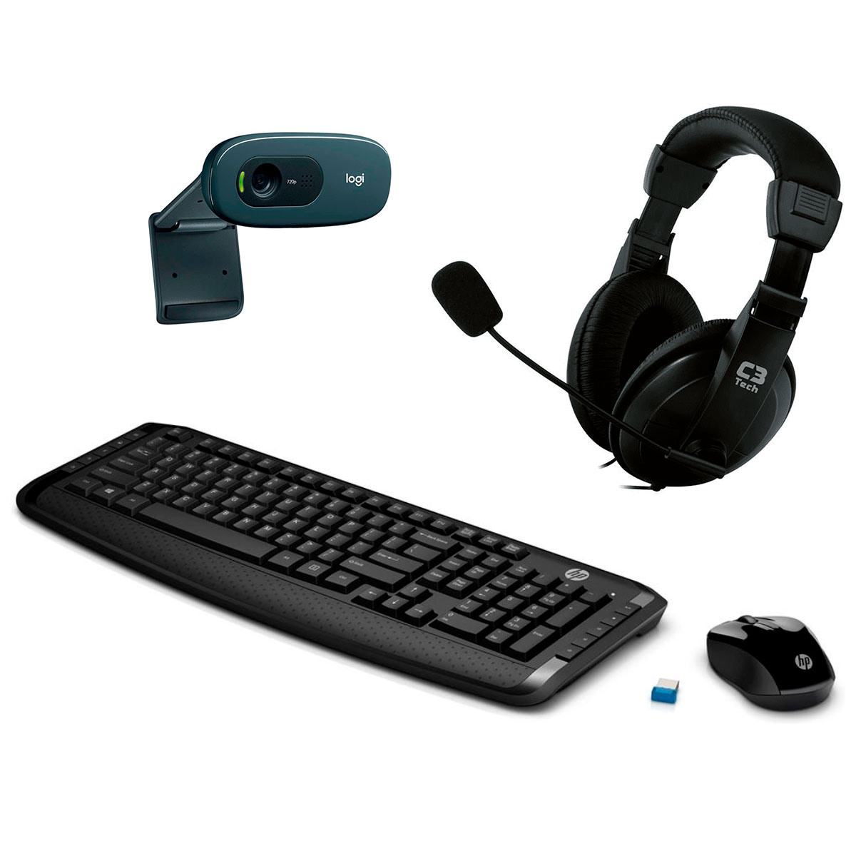 Kit Home Office Video Meeting HP sem Fio – Teclado e Mouse sem Fio HP 300 + Headset C3 Tech Voicer Comfort + Webcam C270