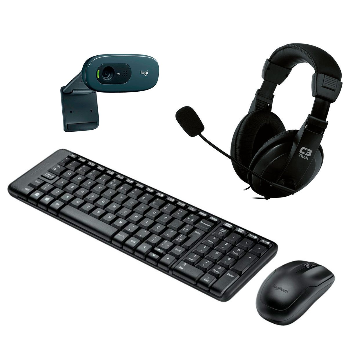 Kit Home Office Logitech Video Meeting sem Fio – Teclado e Mouse sem Fio MK220 + Headset C3 Tech Voicer Comfort + Webcam C270