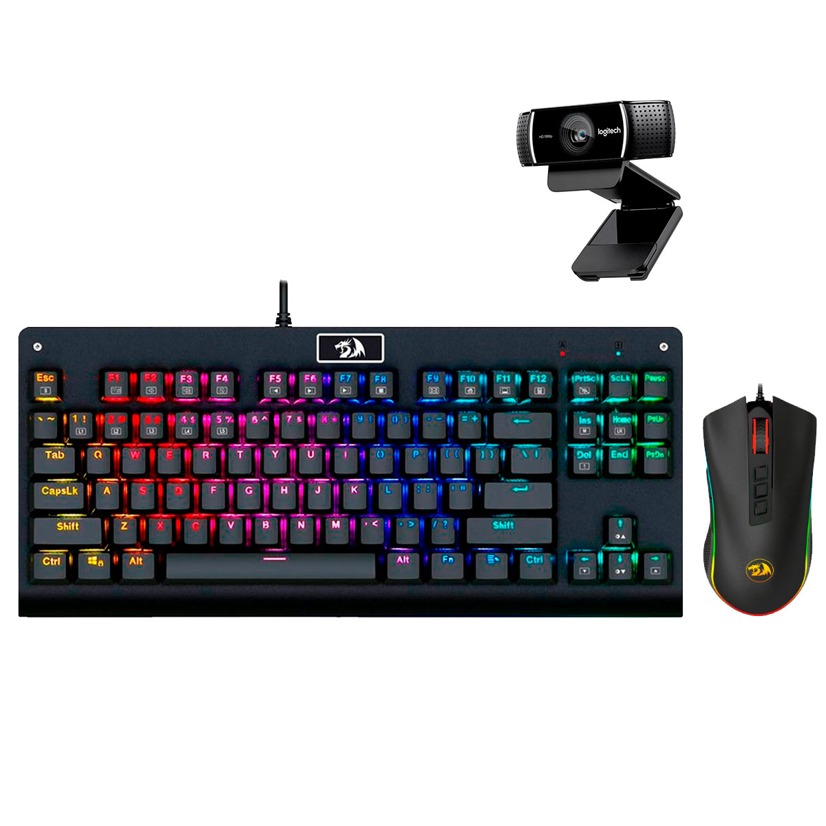 Kit Gamer Teclado Mecânico Dark Avenger RGB Redragon + Mouse Cobra Chroma + Webcam Logitech C922 Pro