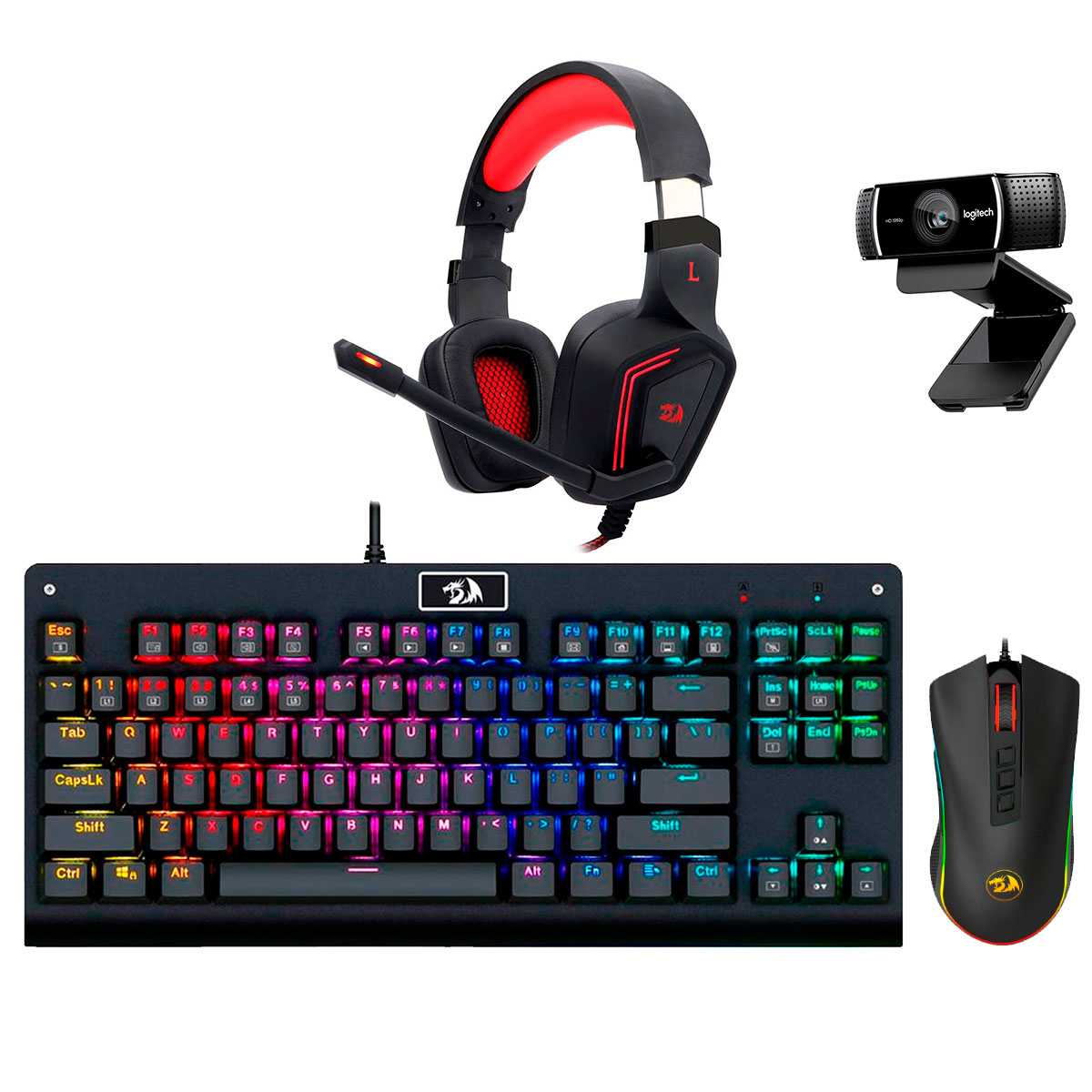 Kit Gamer Teclado Mecânico Dark Avenger RGB Redragon + Mouse Cobra Chroma + Headset Muses 7.1 + Webcam Logitech C922 Pro
