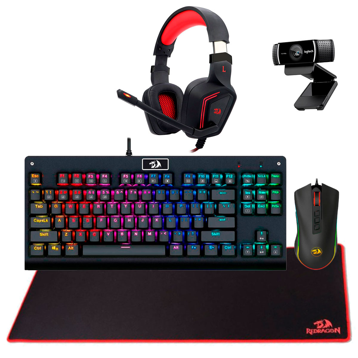 Kit Gamer Teclado Mecânico Dark Avenger RGB Redragon + Mouse Cobra Chroma + Headset Muses 7.1 + Mousepad Suzaku Extended + Webcam Logitech C922 Pro