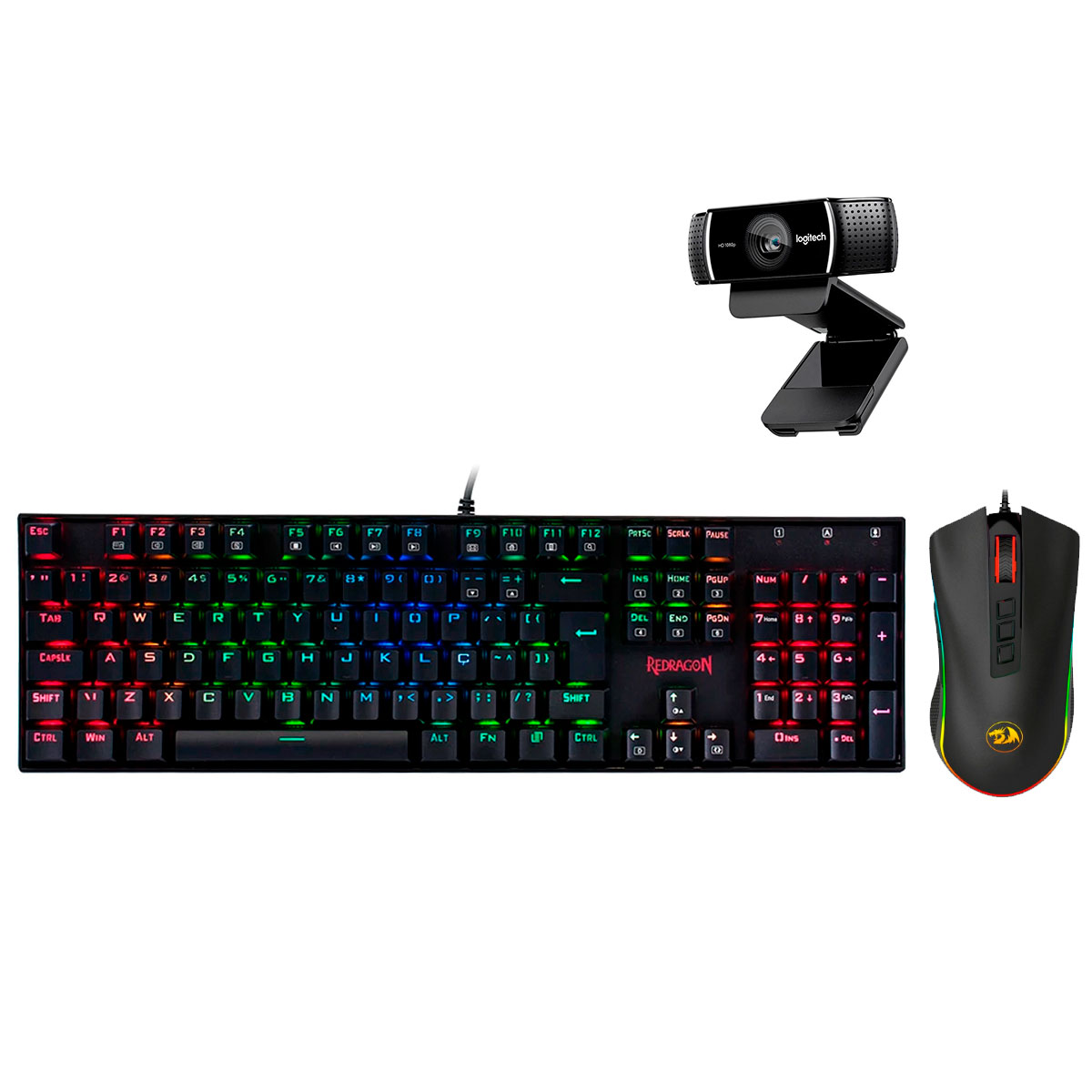 Kit Gamer Teclado Mecânico MITRA RGB Redragon + Mouse Cobra Chroma + Webcam Logitech C922 Pro