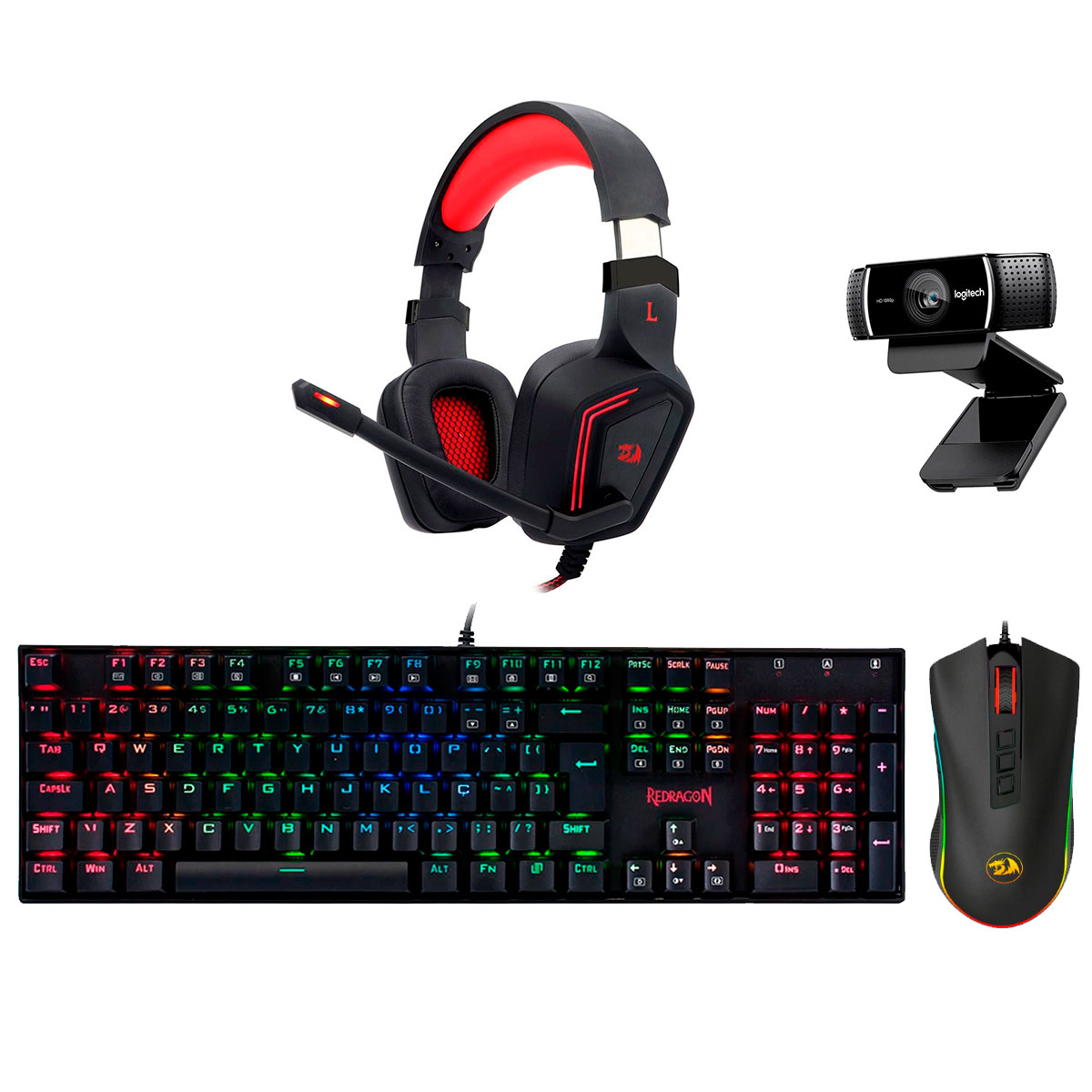 Kit Gamer Teclado Mecânico Dark Avenger RGB Redragon + Mouse Cobra Chroma + Headset Muses 7.1 + Webcam Logitech C922 Pro