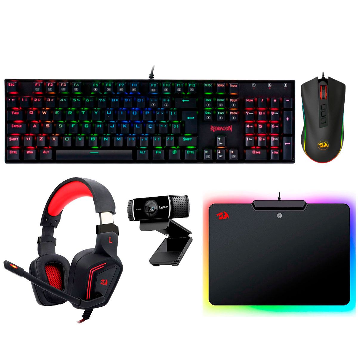 Kit Gamer Teclado Mecânico Mitra RGB Redragon + Mouse Cobra Chroma + Headset Muses 7.1 + Mousepad Epeius RGB + Webcam Logitech C922 Pro