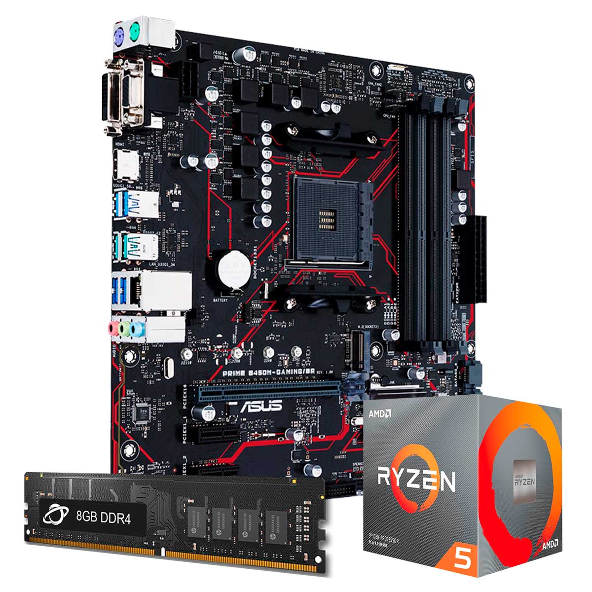 Kit Upgrade Processador AMD Ryzen™ 5 1600 AF + Placa Mãe Asus Prime B450M GAMING/BR + Memória 8GB DDR4