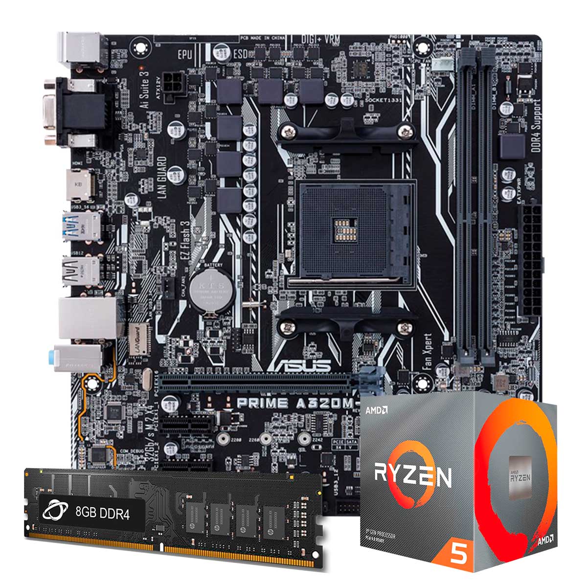 Kit Upgrade Processador AMD Ryzen™ 5 1600 AF + Placa Mãe Asus Prime A320M-K/BR + Memória 8GB DDR4