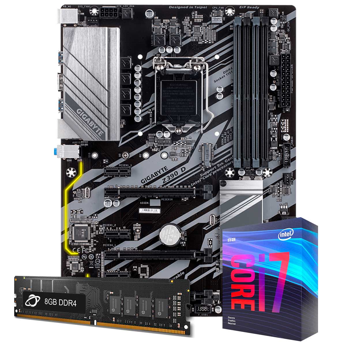 Kit Upgrade Processador Intel® Core™ i7 9700KF + Placa Mãe Gigabyte Z390 D + Memória 8GB DDR4