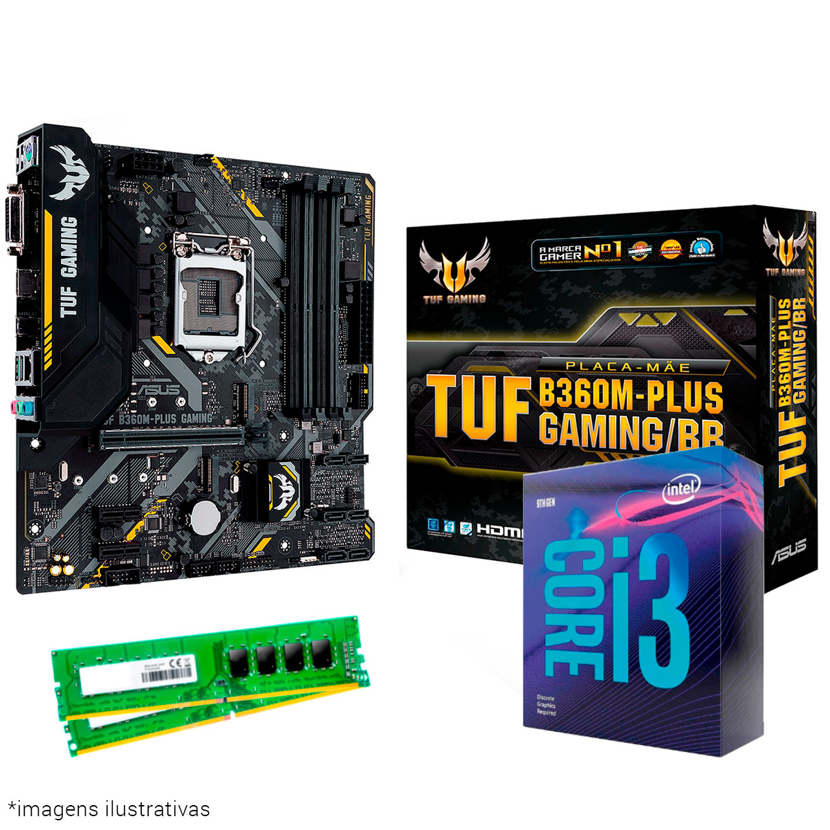 Kit Upgrade Processador Intel® Core™ i3 9100F + Placa Mãe Asus TUF B360M-PLUS GAMING/BR + Memória 8GB DDR4