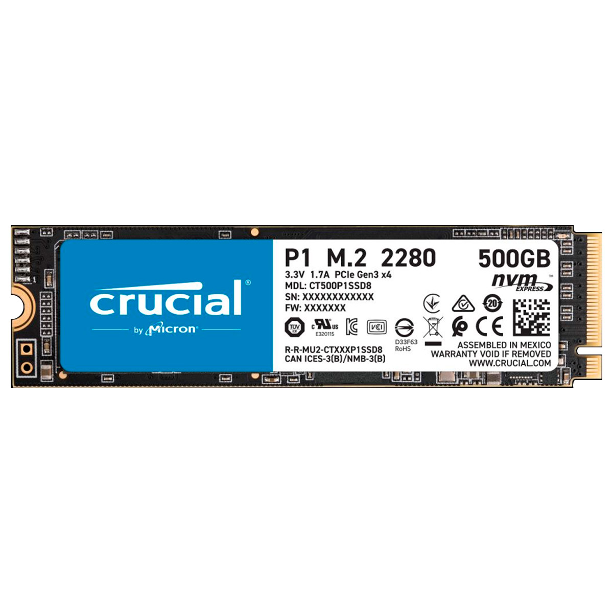 SSD M.2 500GB Crucial P1 - NVMe - Leitura 1900MB/s - Gravação 950MB/s - CT500P1SSD8