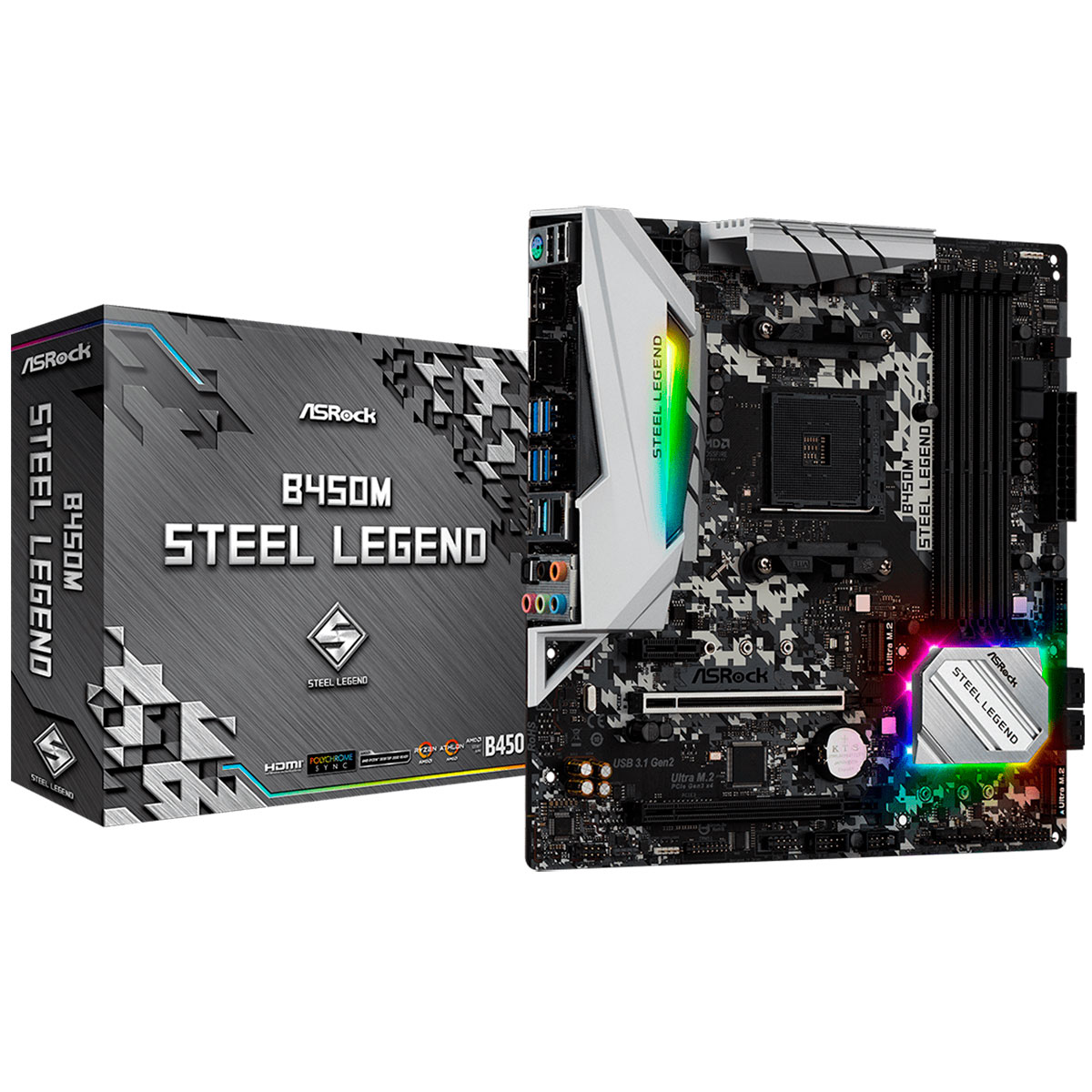 Placa Mãe ASRock B450M Steel Legend (AM4 - DDR4 3533 O.C) - Chipset AMD Promontory B450 - LED RGB - USB 3.2 - Slot M.2 - Micro ATX