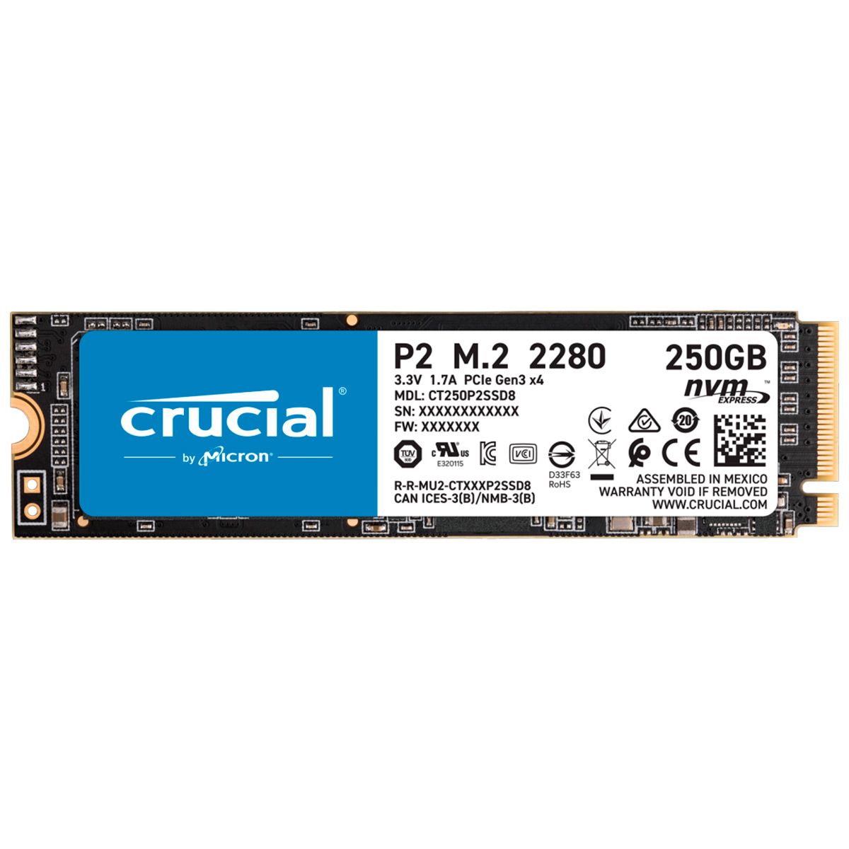 SSD M.2 250GB Crucial P2 - NVMe - Leitura 2100MB/s - Gravação 1150MB/s - CT250P2SSD8