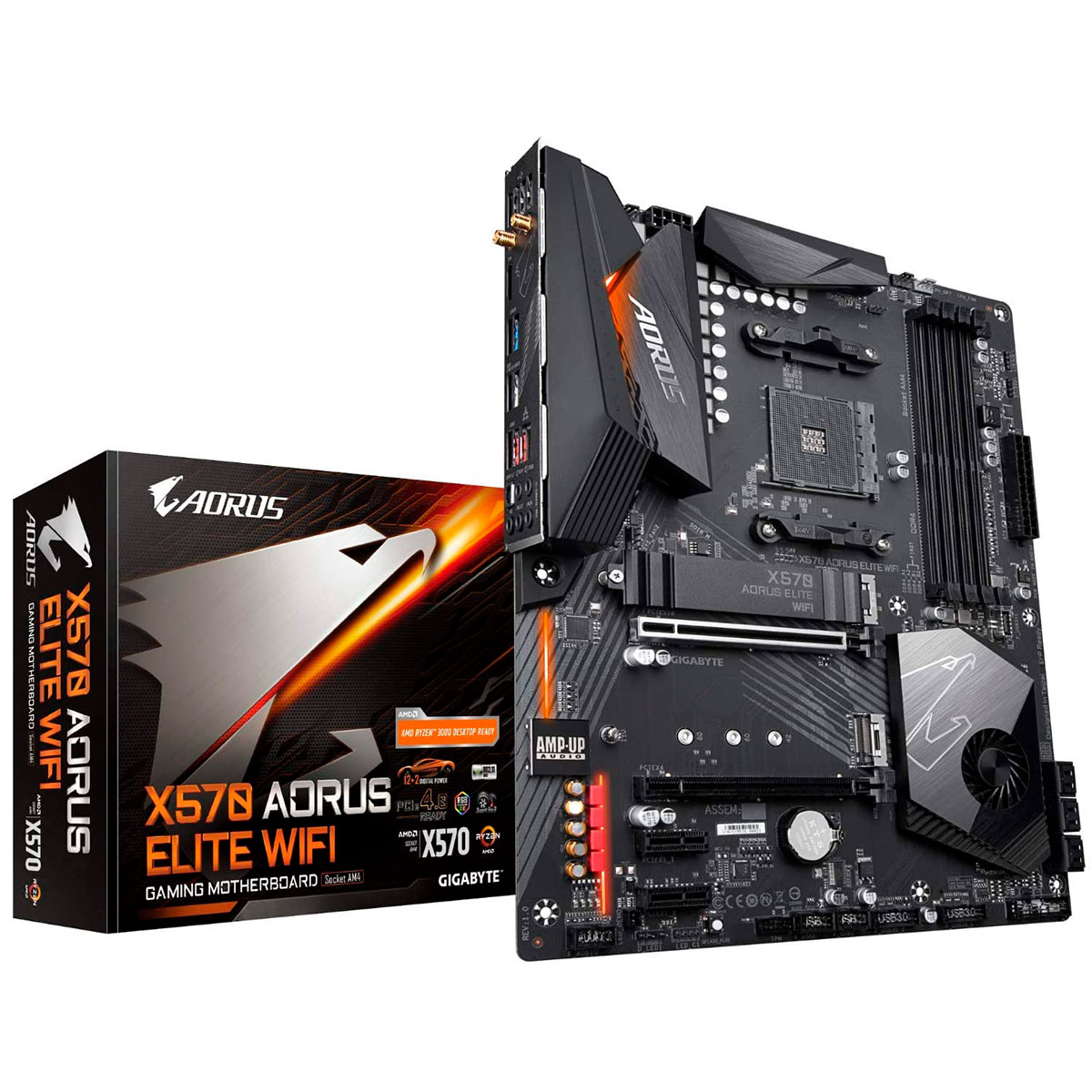 Placa Mãe Gigabyte X570 Aorus Elite Wi-Fi (AM4 - DDR4 4000MHz O.C) - Chipset AMD X570 - Wi-Fi - LED RGB - Slot M.2 - USB 3.2 - ATX