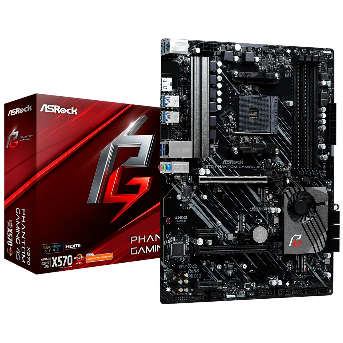 Placa Mãe ASRock X570 Phantom Gaming - (AM4 - DDR4 4600MHz O.C) - Chipset AMD X570 - Slot Hyper M.2 - USB 3.2 - ATX