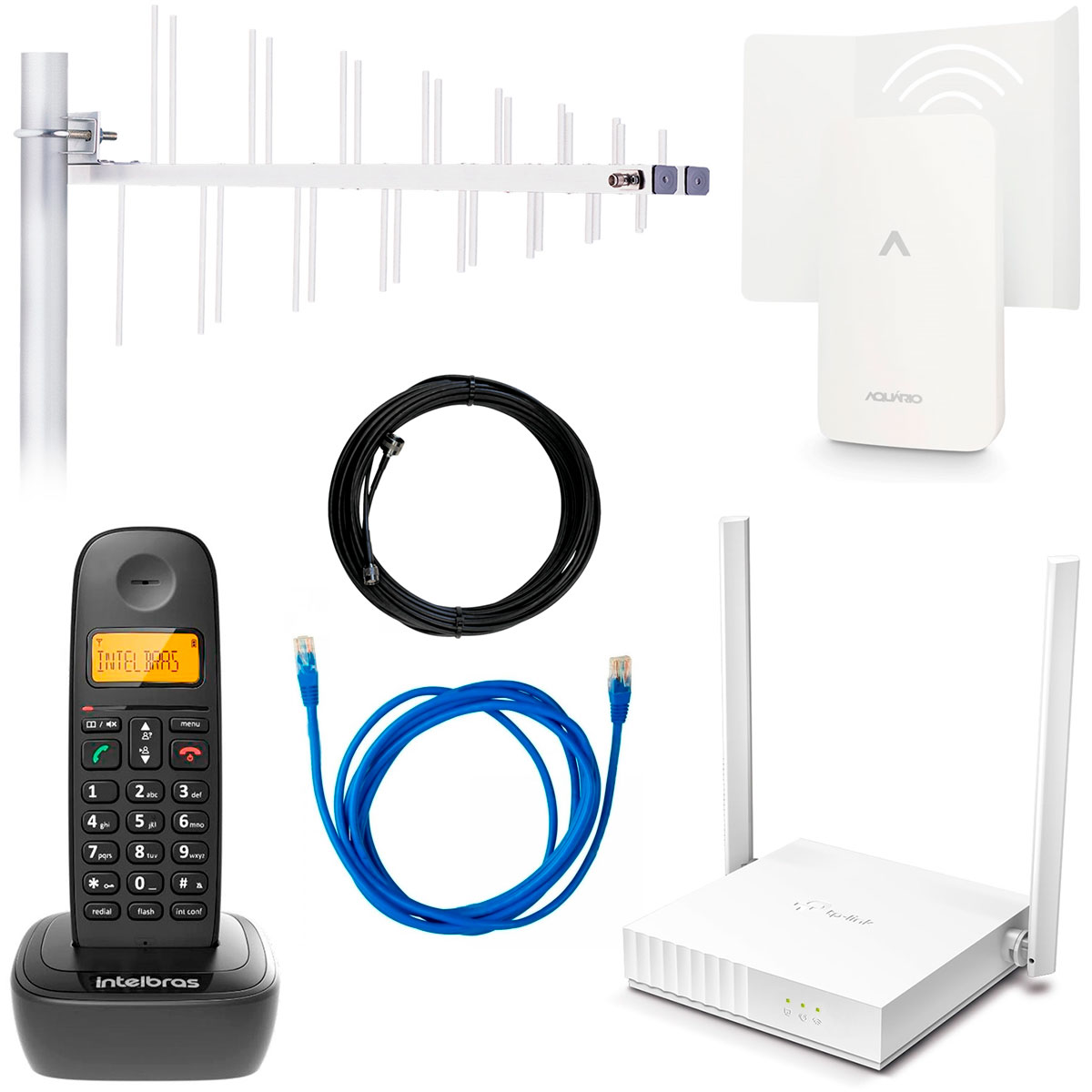 Kit Internet Rural Modem 4G Externo + Tefefone sem Fio + Antena Externa FullBand + Roteador Wi-Fi + Cabos de Conexão