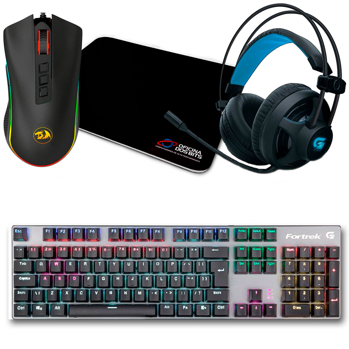 Kit Gamer Mouse Cobra Chroma Redragon + Mousepad Bits Gamer + Teclado Mecânico Fortrek Black Hawk + Headset Fortrek G Pro H2