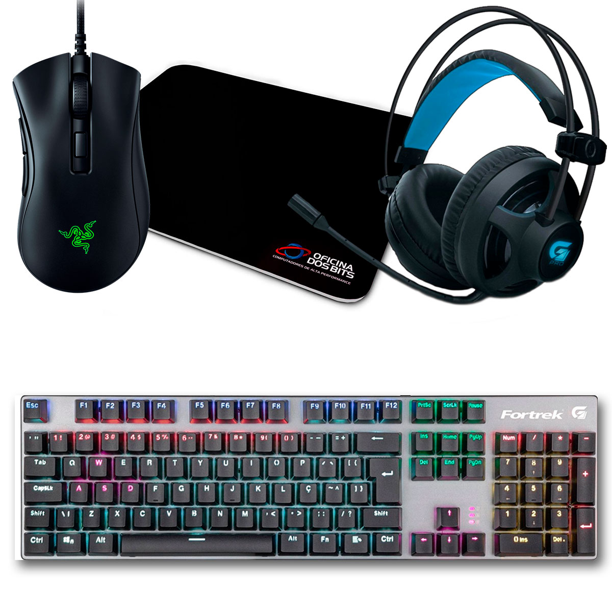 Kit Gamer Mouse Razer DeathAdder V2 Mini + Mousepad Bits Gamer + Teclado Mecânico Fortrek Black Hawk + Headset Fortrek G Pro H2