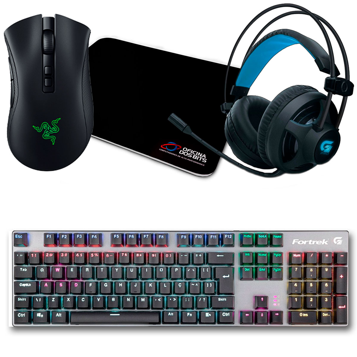 Kit Gamer Mouse Razer DeathAdder V2 + Mousepad Bits Gamer + Teclado Mecânico Fortrek Black Hawk + Headset Fortrek G Pro H2