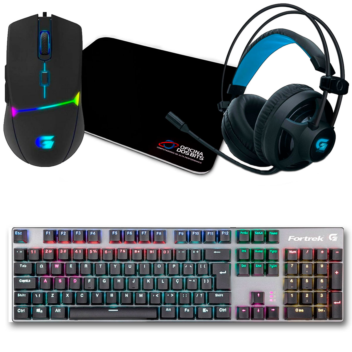 Kit Gamer Mouse Fortrek Crusader + Mousepad Bits Gamer + Teclado Mecânico Fortrek Black Hawk + Headset Fortrek G Pro H2