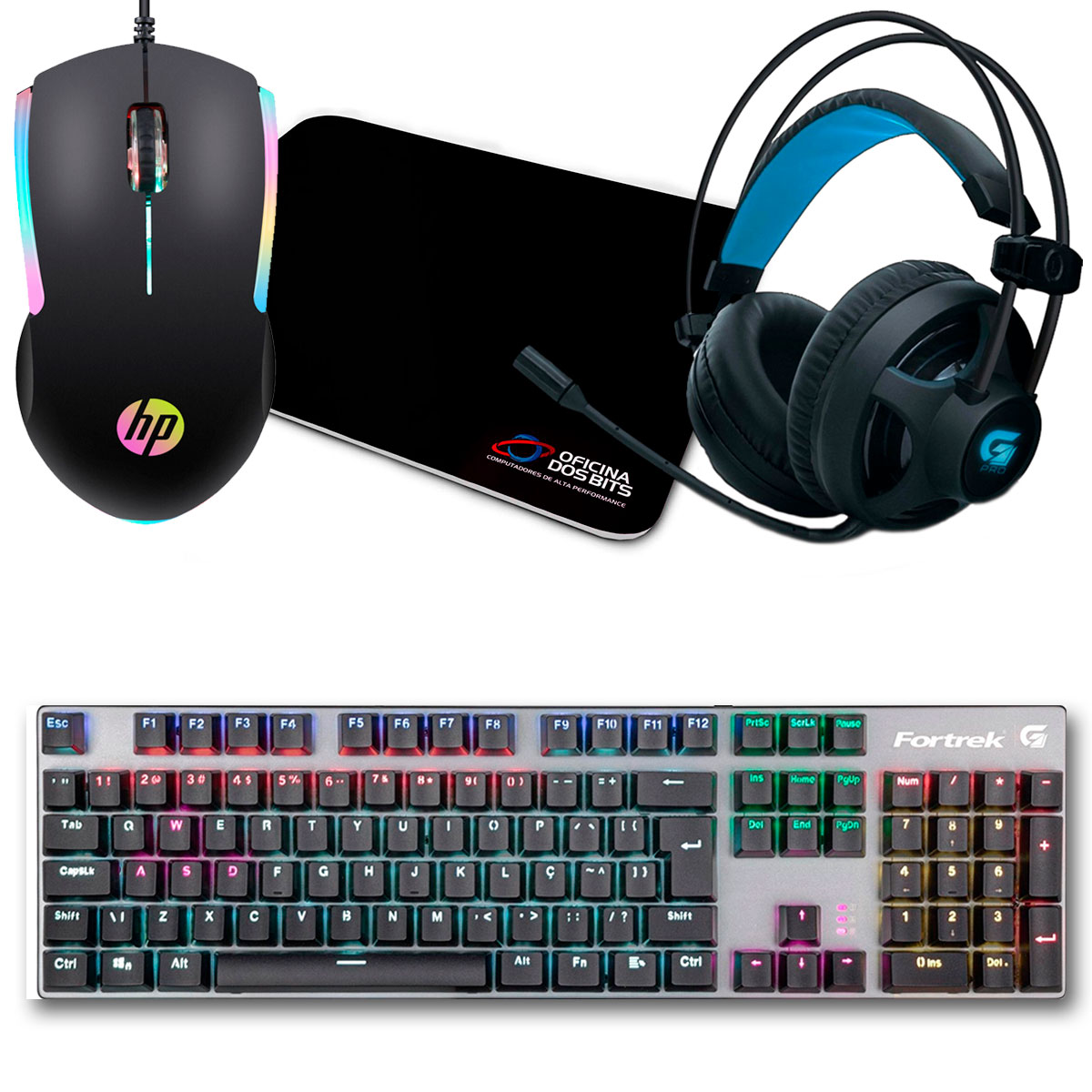 Kit Gamer Mouse HP M160 + Mousepad Bits Gamer + Teclado Mecânico Fortrek Black Hawk + Headset Fortrek G Pro H2