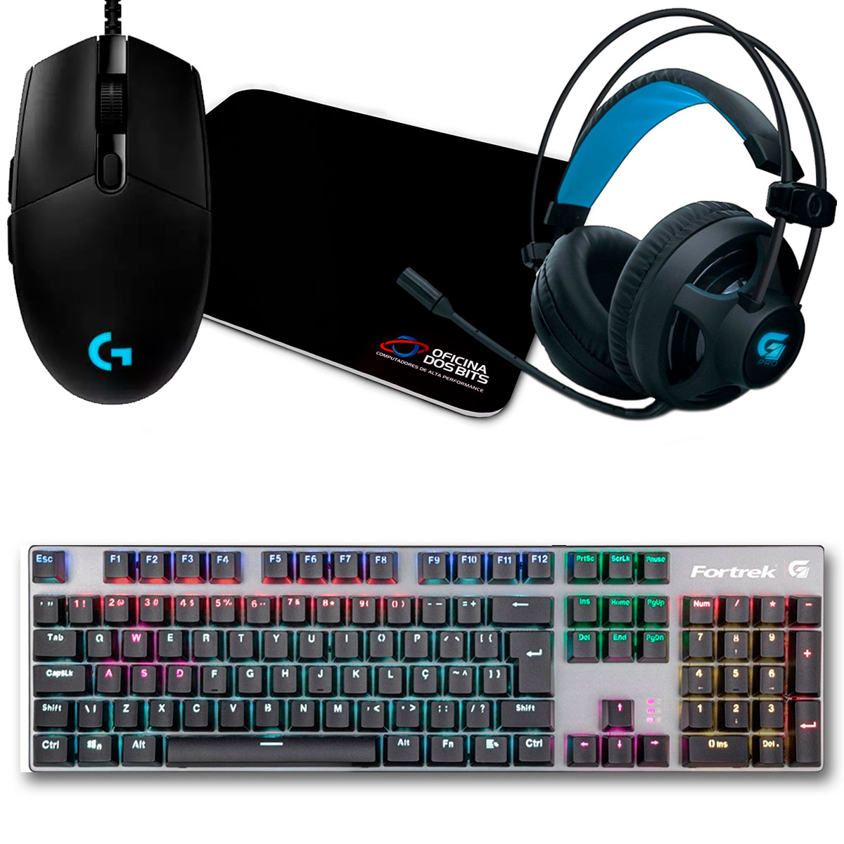 Kit Gamer Mouse Logitech G Pro Hero 16K + Mousepad Bits Gamer + Teclado Mecânico Fortrek Black Hawk + Headset Fortrek G Pro H2