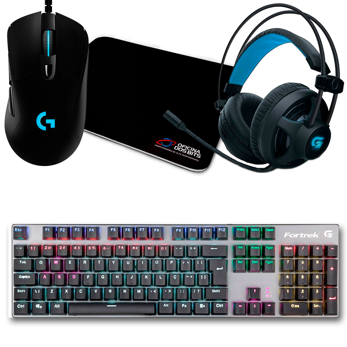 Kit Gamer Mouse Logitech G403 Hero + Mousepad Bits Gamer + Teclado Mecânico Fortrek Black Hawk + Headset Fortrek G Pro H2