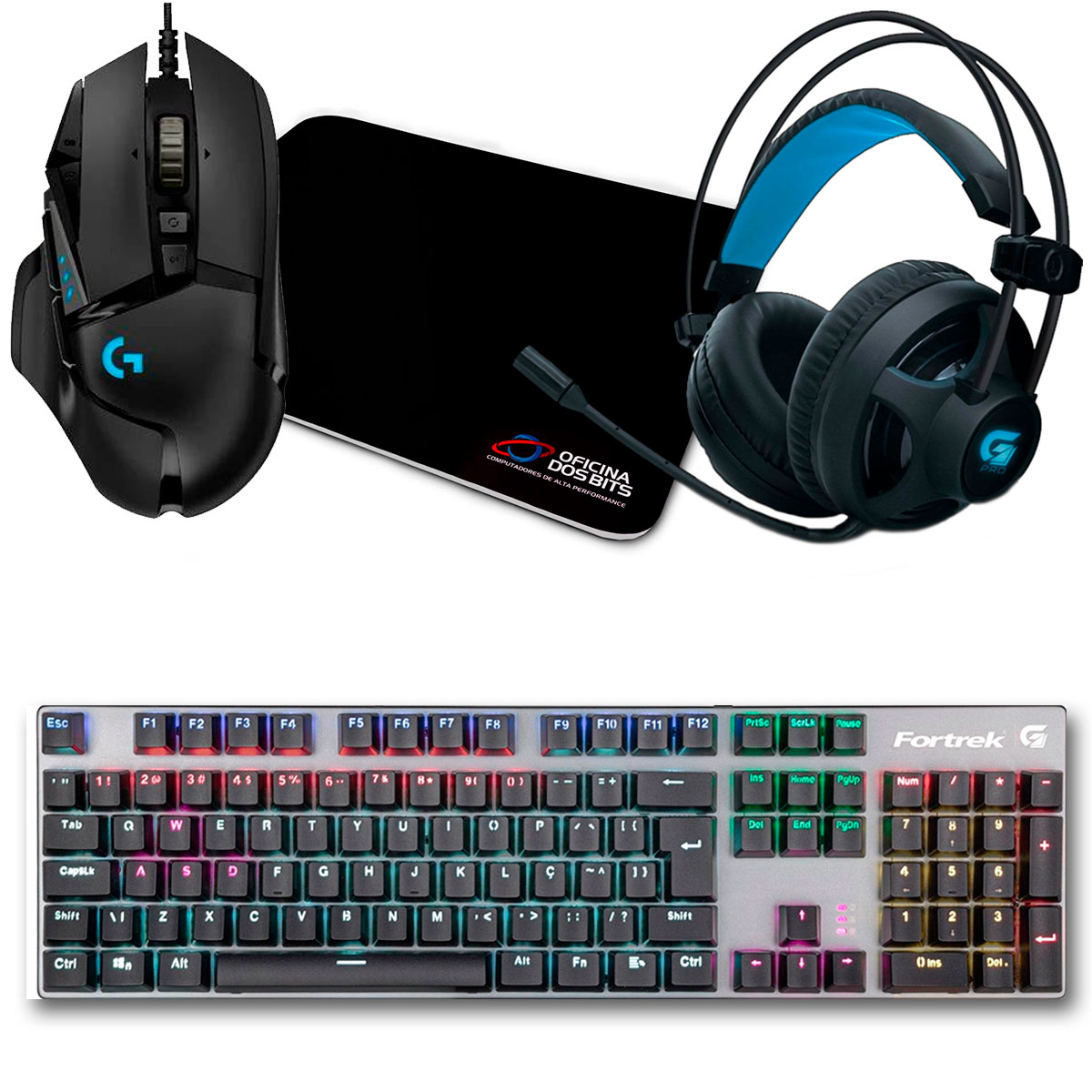 Kit Gamer Mouse Logitech G502 Hero + Mousepad Bits Gamer + Teclado Mecânico Fortrek Black Hawk + Headset Fortrek G Pro H2