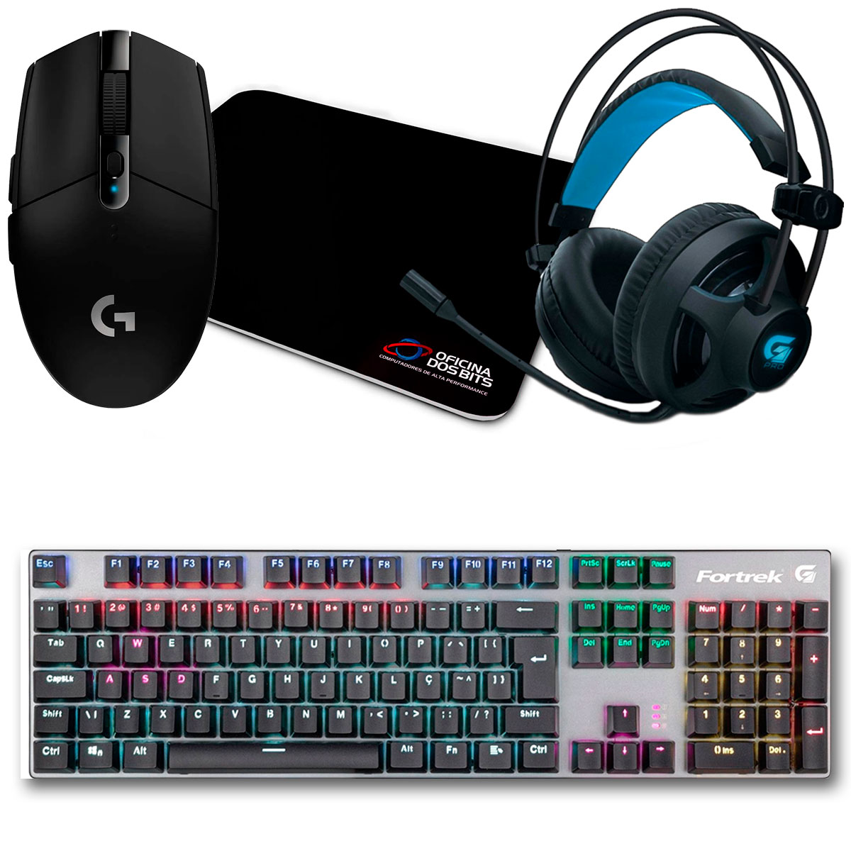 Kit Gamer Mouse Logitech G305 Hero + Mousepad Bits Gamer + Teclado Mecânico Fortrek Black Hawk + Headset Fortrek G Pro H2