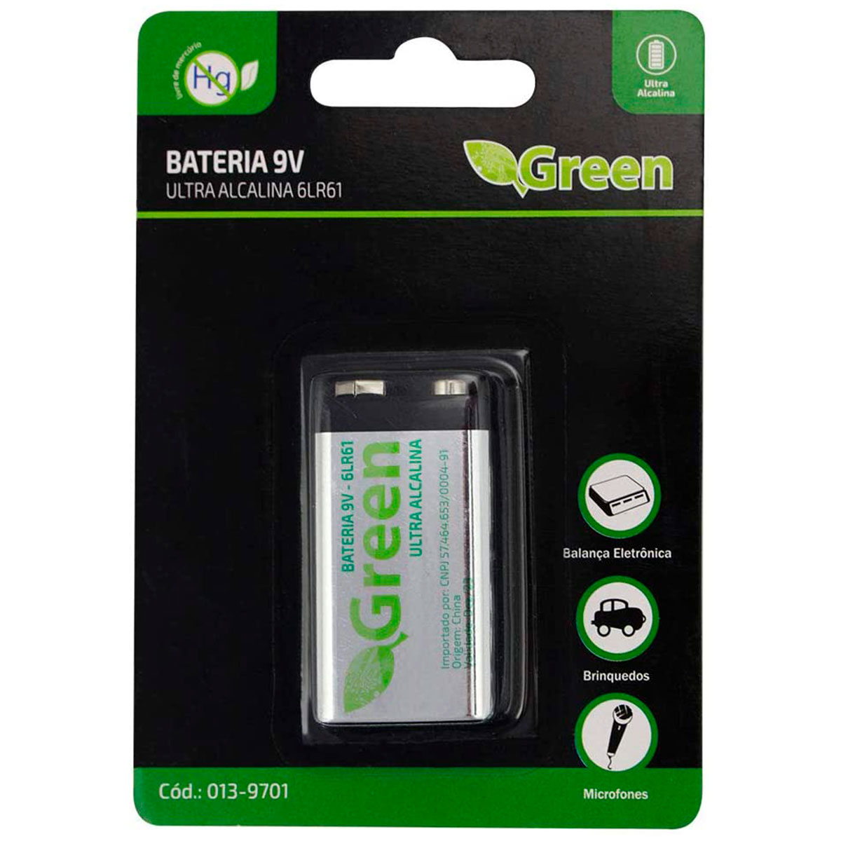 Bateria 9V Alcalina Green - 6LR61 - 013-9701