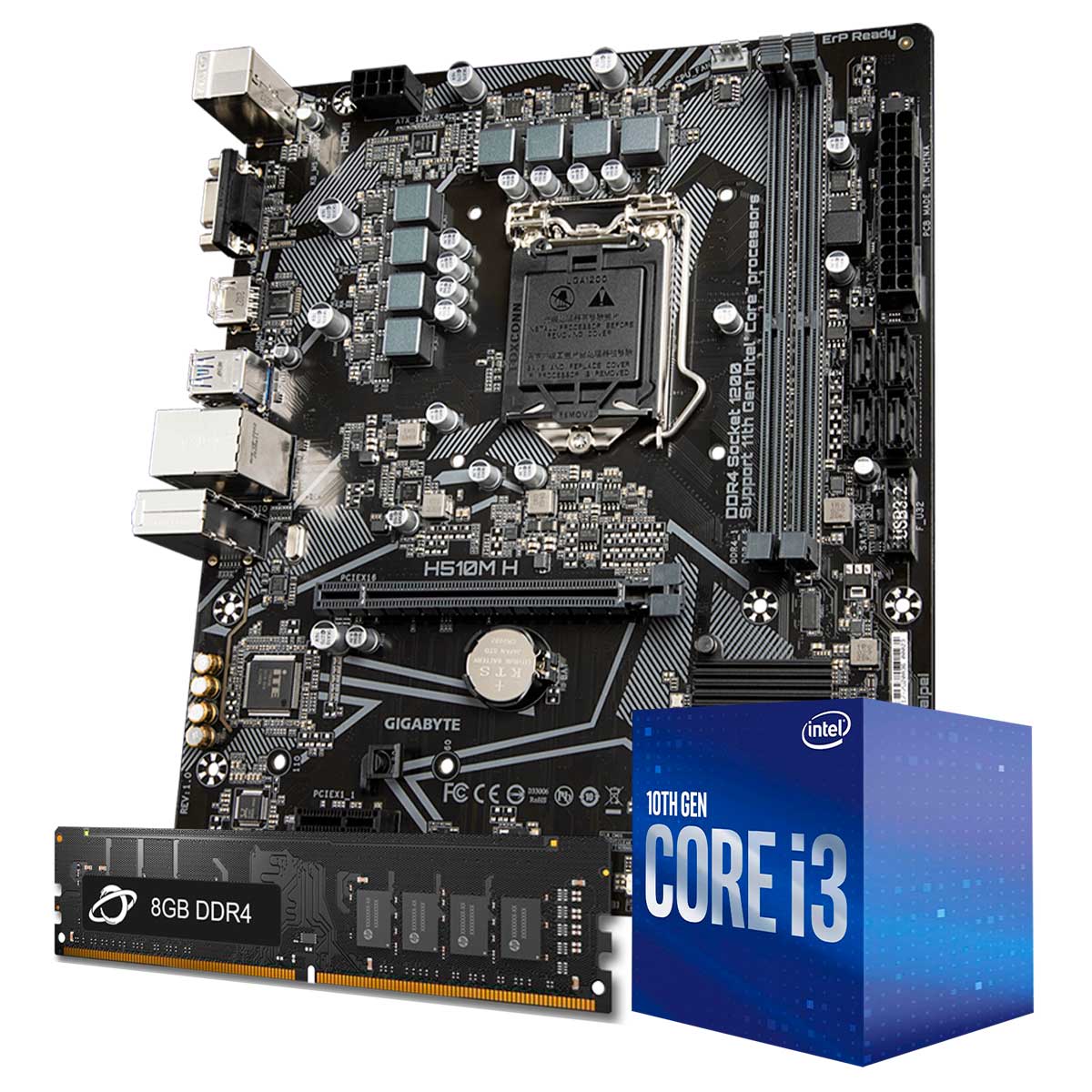 Kit Upgrade Processador Intel® Core™ i3 10100F + Placa Mãe Gigabyte H510M-H + Memória 8GB DDR4