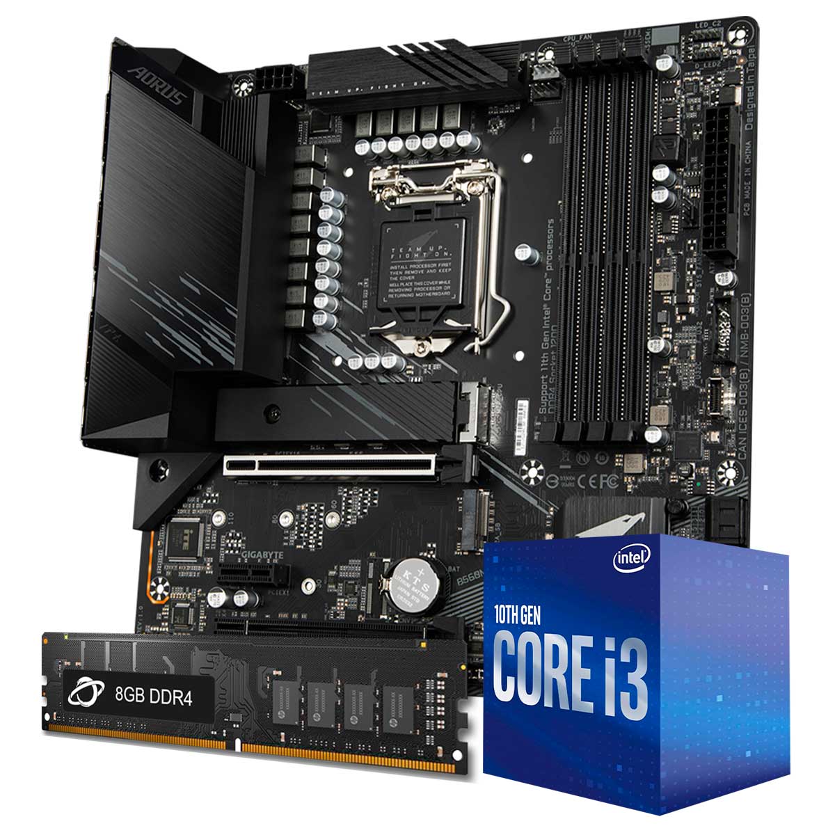 Kit Upgrade Processador Intel® Core™ i3 10100F + Placa Mãe Gigabyte B560M AORUS ELITE + Memória 8GB DDR4