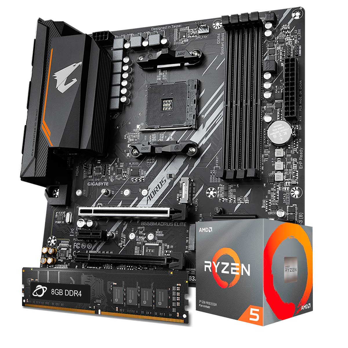 Kit Upgrade Processador AMD Ryzen™ 5 5600X + Placa Mãe Gigabyte  B550M AORUS ELITE + Memória 8GB DDR4