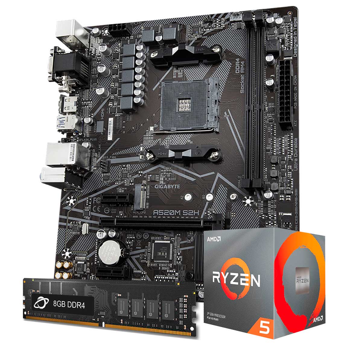 Kit Upgrade Processador AMD Ryzen™ 5 5600G + Placa Mãe Gigabyte  A520M S2H + Memória 8GB DDR4