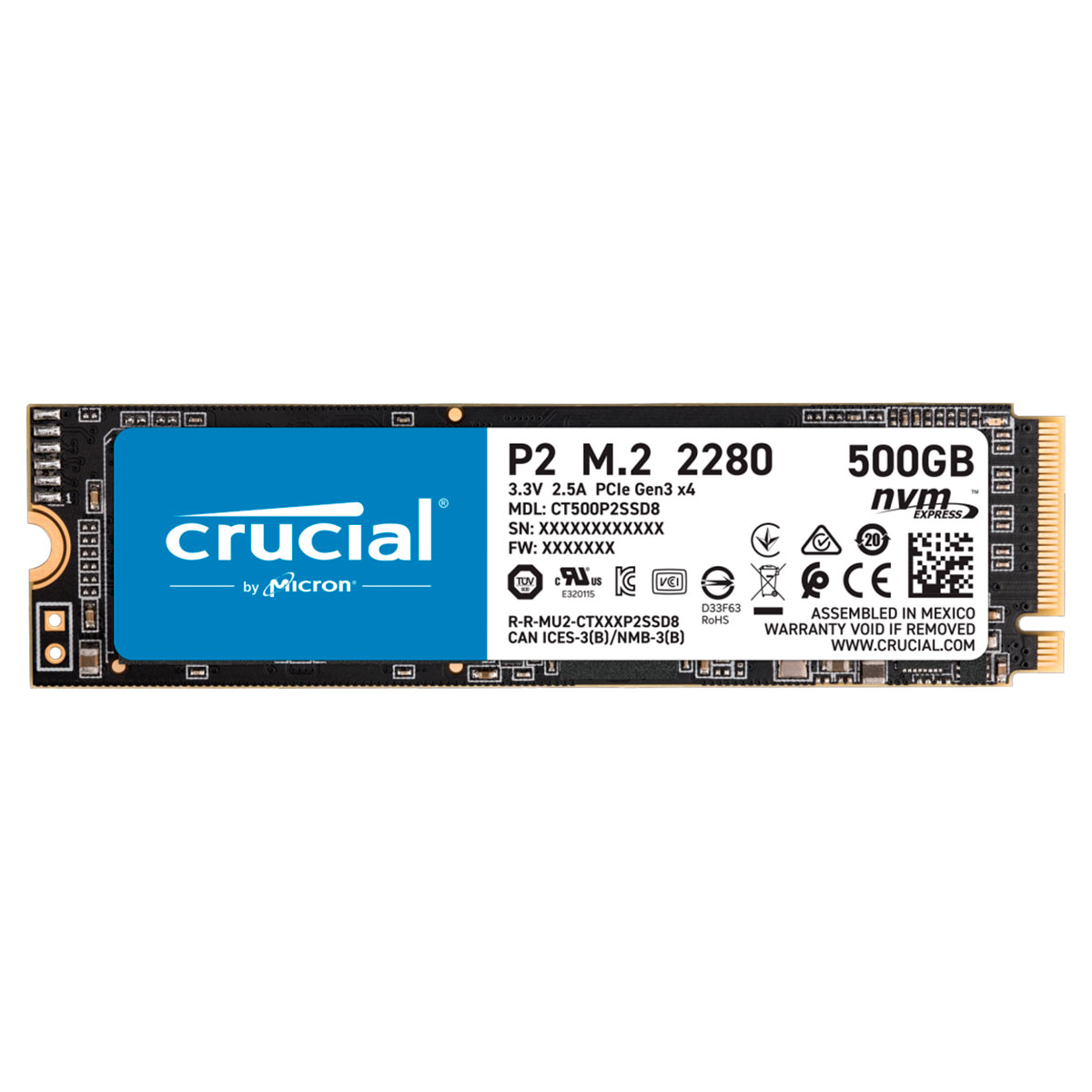 SSD M.2 500GB Crucial P2 - NVMe - Leitura 2300MB/s - Gravação 940MB/s - CT500P2SSD8