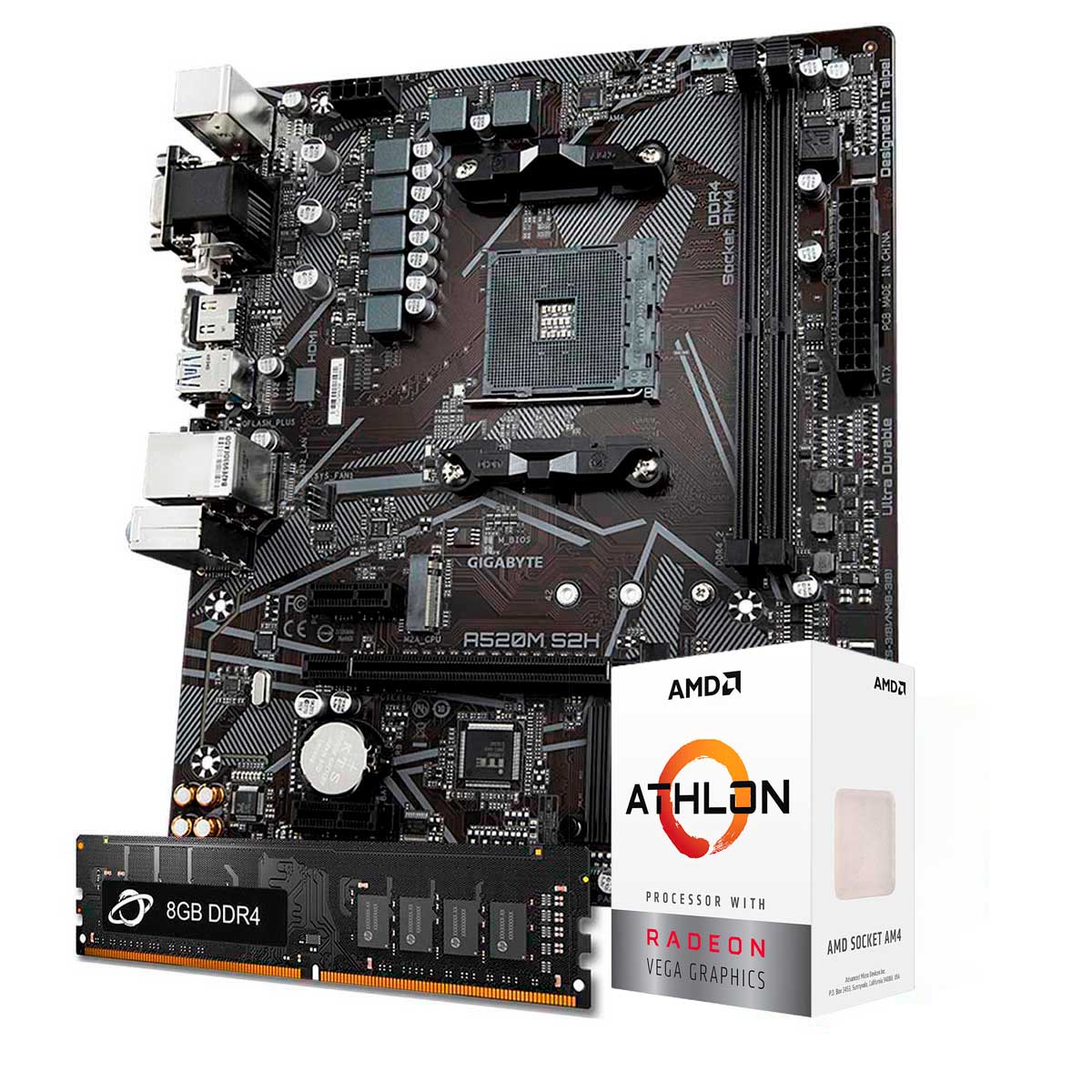 Kit Upgrade Processador AMD Athlon™ 3000G + Placa Mãe Gigabyte  A520M S2H + Memória 8GB DDR4